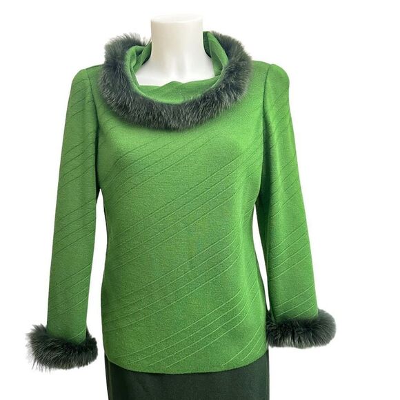 STIZZOLI 1960’s Retro Green Knit 100% Wool Cowl Neck Sweater & Skirt sz 42/44 - Picture 2 of 11